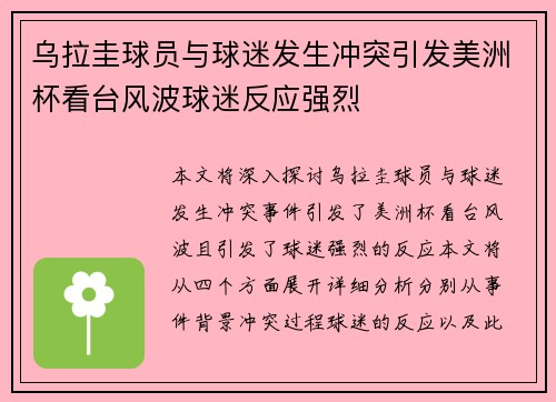 乌拉圭球员与球迷发生冲突引发美洲杯看台风波球迷反应强烈 乌拉圭球员与球迷发生冲突引发美洲杯看台风波球迷反应强烈
