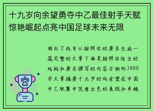 十九岁向余望勇夺中乙最佳射手天赋惊艳崛起点亮中国足球未来无限